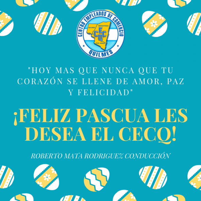 Imagen , saludos de pascuas.
Hoy mas que nunca , que tu corazón se llene de amor, paz y felicidad.
Feliz Pascua les desea el CECQ.
Roberto Mata Rodríguez Conducción